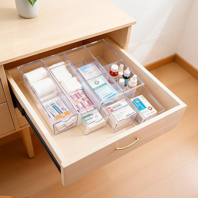 2 Pack Bandage Organizer with Lid, Acrylic Bandaid Holder with 4 Clear Drawers Band Aid Storage Container for Home Office Dra