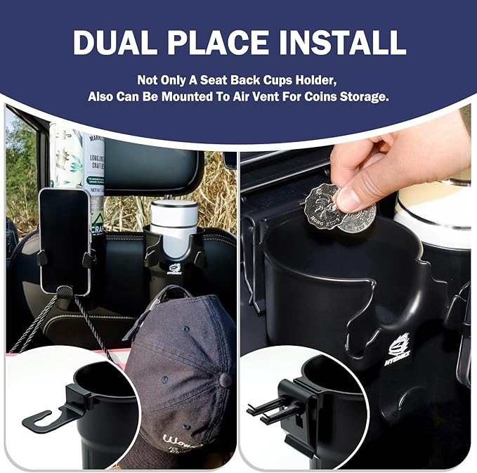 Headrest Back Seat Car Cup Holder, Versatile Road Trips Car Storage Organizer with Hanger for Bottles, Drinks, and Coins, Compatible with Cars, SUV, Trucks 2 Pack