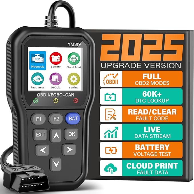BluSon YM319 OBD2 Scanner Diagnostic Tool with Battery Tester, Check Engine Fault Code Reader with Live Data, Cloud Printing,