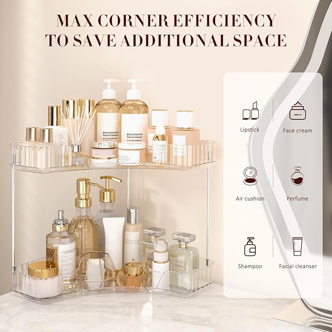 2-Tier Corner Bathroom Counter Organizer, Large Makeup Organizer For Vanity, Skincare Perfume Organizers For Women Or Men, Ex
