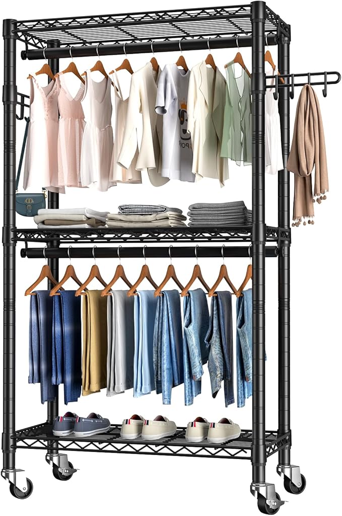 Heavy Duty Clothes Rack Rolling Garment Rack,3 Tier Adjustable Wire Shelving Clothing Racks for Hanging Clothes with Double R