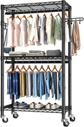 Heavy Duty Clothes Rack Rolling Garment Rack,3 Tier Adjustable Wire Shelving Clothing Racks for Hanging Clothes with Double R