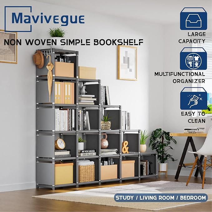 Mavivegue Book Shelf, 16 Cube Storage Organizer, DIY Bookcase, Metal Cube Bookshelf,Tall Book case for Bedroom, Living Room,O