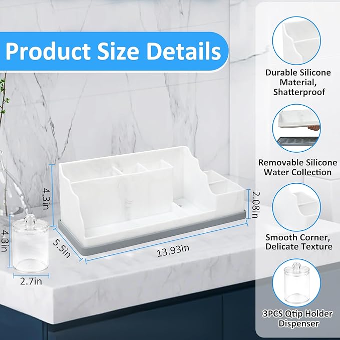 Bathroom Counter Organizer, Large White Silicone Toothbrush Holders for Bathrooms Organizer Countertop with 3PCS Qtip Holder,
