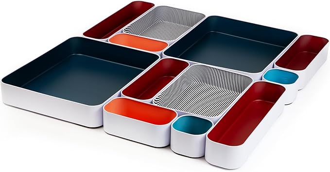Three by Three Seattle 12 Piece Metal Organizer Tray Set for Storing Makeup, Stationery, Utensils, and More in Office Desk, K
