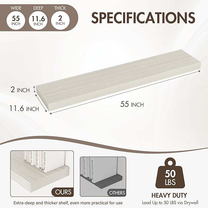 55 Inch Floating Shelves, 12" Deep Floating Shelf Wall Mounted, 55" Wall Shelves, Rustic Deep Bookshelf, Extra Deeper & Thick
