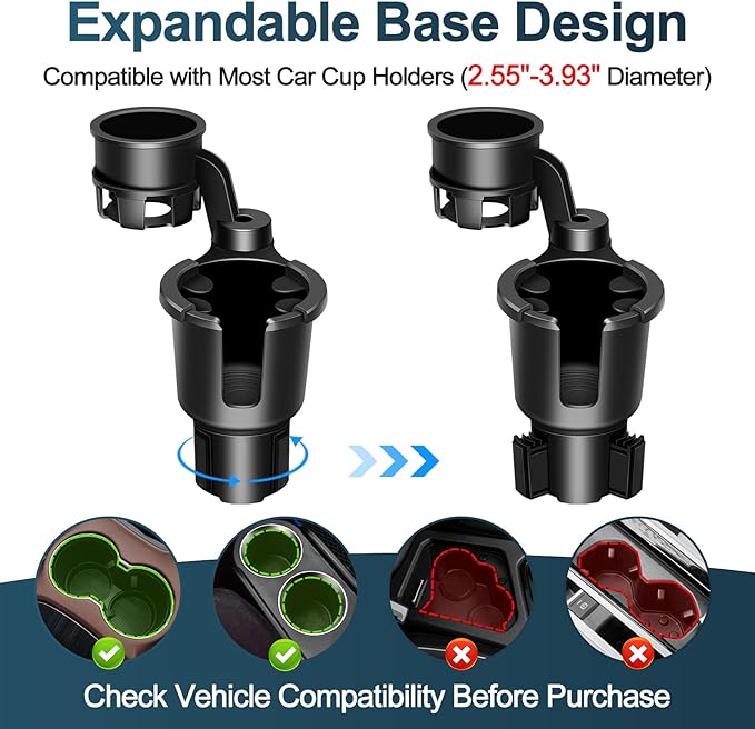 JPart Car Cup Holder Expander, Cup Holder Expander, Cupholder Expander with Adjustable Extension Base and 360° Rotation Desig