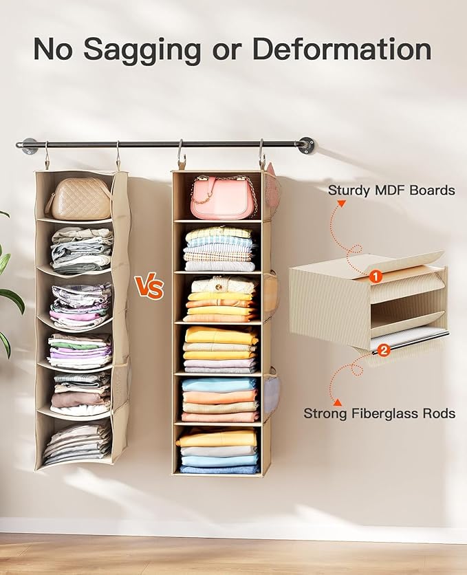Pipishell 6-Shelf Hanging Closet Organizer, with 3 Detachable Drawers & Side Pockets, Closet Organizers and Storage for Bedro