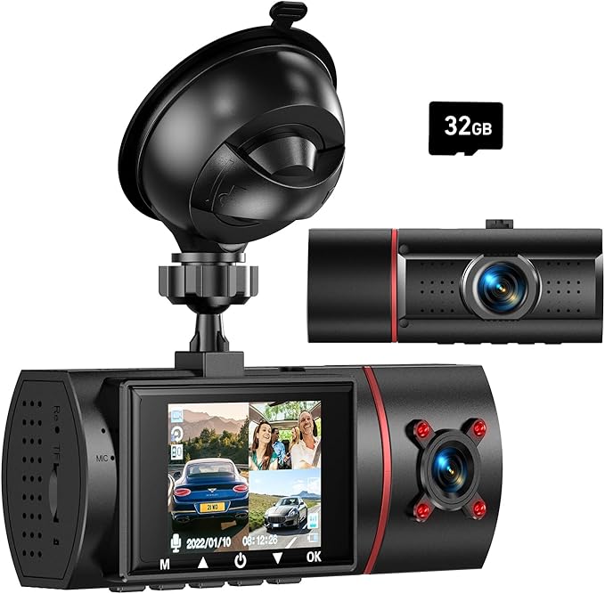 Dual Dash Cam Front and Inside, 1080P Dash Camera for Cars Dashcam with 32G Card, 24H Parking Monitor, Night Vision, G-Sensor