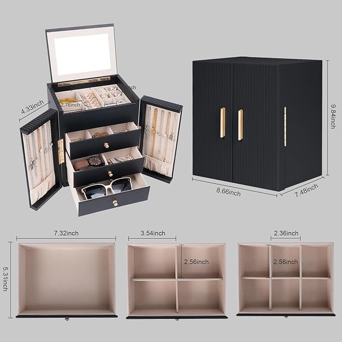 Dajasan Large Jewelry Box for Women, Jewelry Organizer Box with 3 Drawers, Jewelry Storage Organizer with Mirror for Necklace