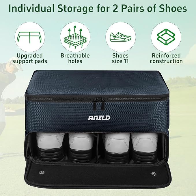 ANILD Golf Trunk Organizer, 2 Layer Golf Storage Case with Separate Ventilated Compartment for 2 Pair Shoes, for Balls, Tees,