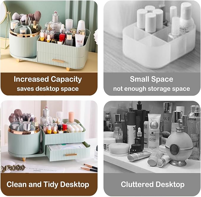 Rotating Makeup Organizer for Vanity with Brush Holder and Drawer, Cosmetic Makeup Storage, Large Spinning Makeup Skincare Or