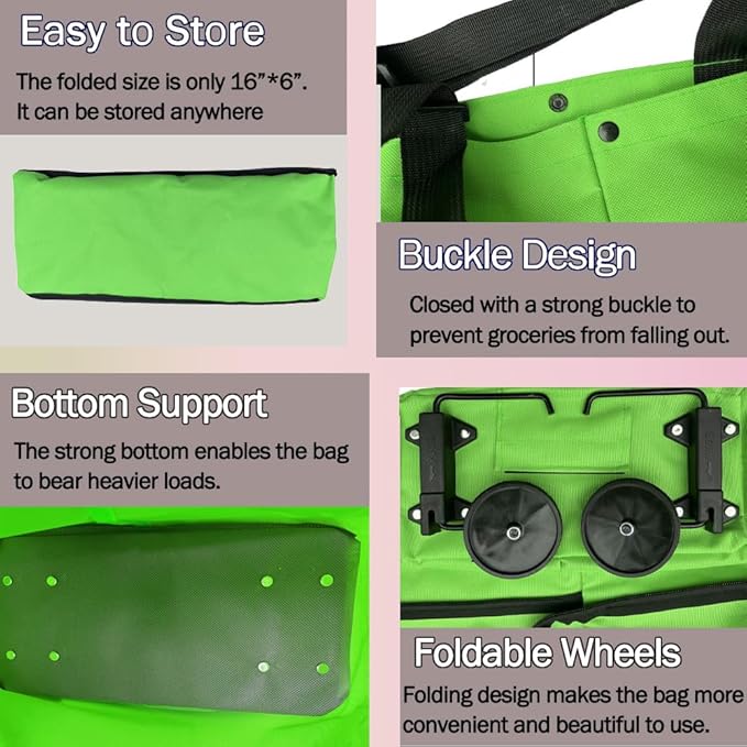 Collapsible Shopping Grocery Bag With Wheels Rolling Tote Bag With Wheels Large Reusable Shopping Bags Foldable Cart(Green,Large)