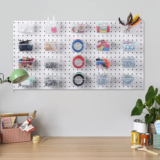 Unittype 24 Set Clear Peg Board Baskets and Bins Pegboard Baskets Organizer Accessories Peg Board Bins with Hooks Sticker Lab