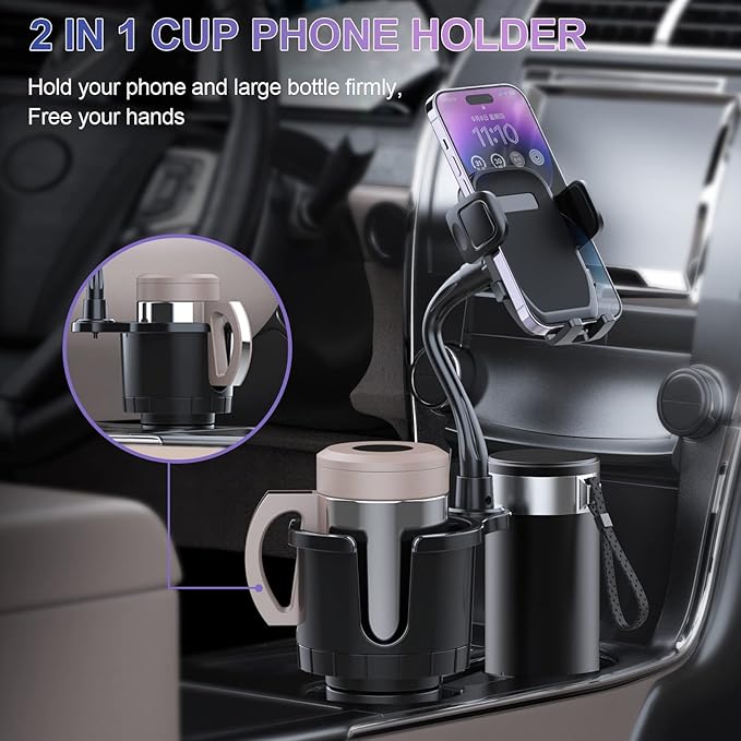 JINKEY Cup Holder Phone Mount, 360°Rotation Gooseneck Car Cup Holder Expander with Cell Phone Holder with Adjustable Base Pho