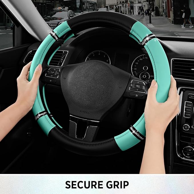 Road Comfort Leather Steering Wheel Cover – Premium Anti-Slip Car Steering Wheel Grip Cover – Universal Fit for 14.5”–15.5” C