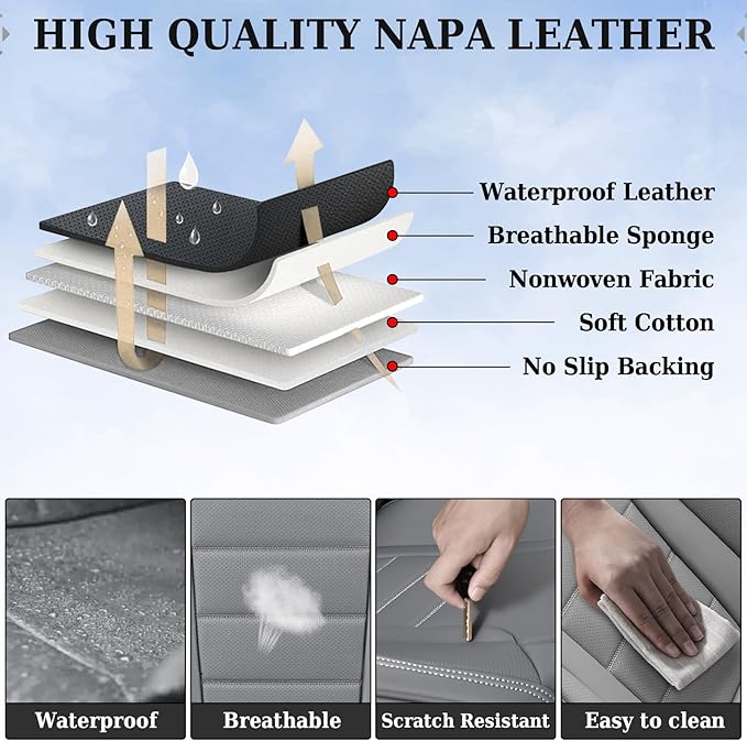 Coverado Seat Covers Full Set, Seat Covers for Cars, Gray Car Seat Cover, Waterproof Car Seat Protector, Nappa Car Seat Cushi