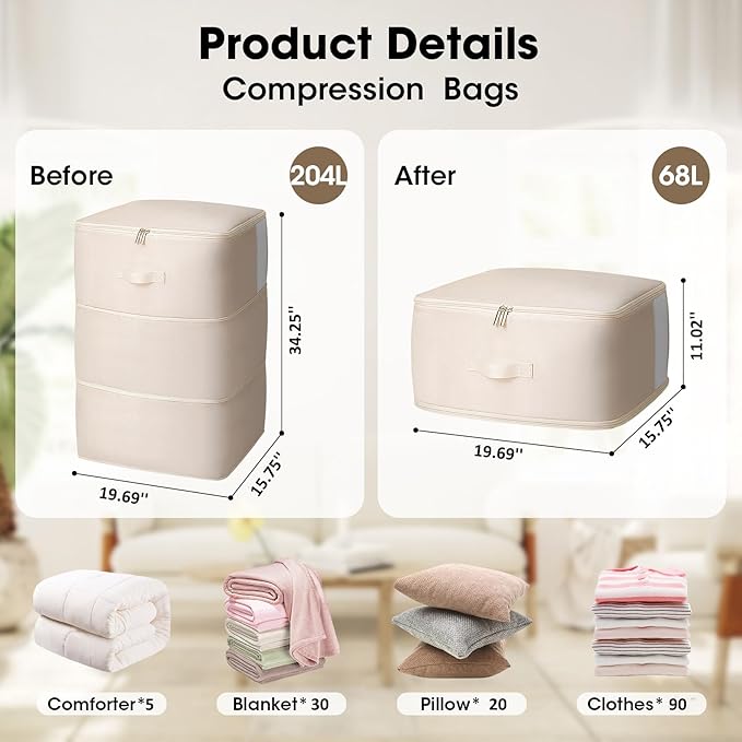 2 Pack Comforter Storage Bag, 204L Blanket Storage Bags Self Compression Comforter Organizer and Storages, Space Saving Washa