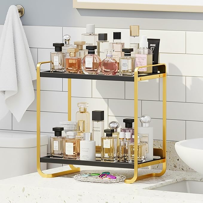 2-Tier Black and Gold Carbon Steel Bathroom Counter Organizer - Skincare Cosmetic Display Tray for Perfume, Makeup, Bathroom,