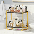 2-Tier Black and Gold Carbon Steel Bathroom Counter Organizer - Skincare Cosmetic Display Tray for Perfume, Makeup, Bathroom,