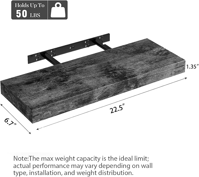 Set of 3 Farmhouse Solid Wood Floating Shelves 22.5 inch Black Wall Mounted Storage Shelves for Bathroom Over Toilet, Bedroom