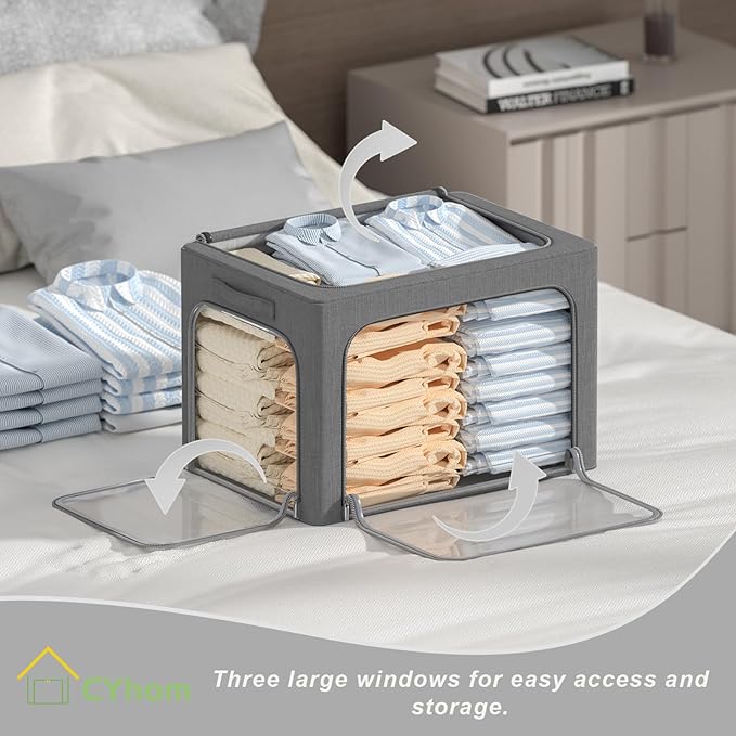 3Pack Stackable Foldable Storage Bin - Metal Frame Storage Box Clothing Storage Organizer with Clear Window, Carry Handles (6