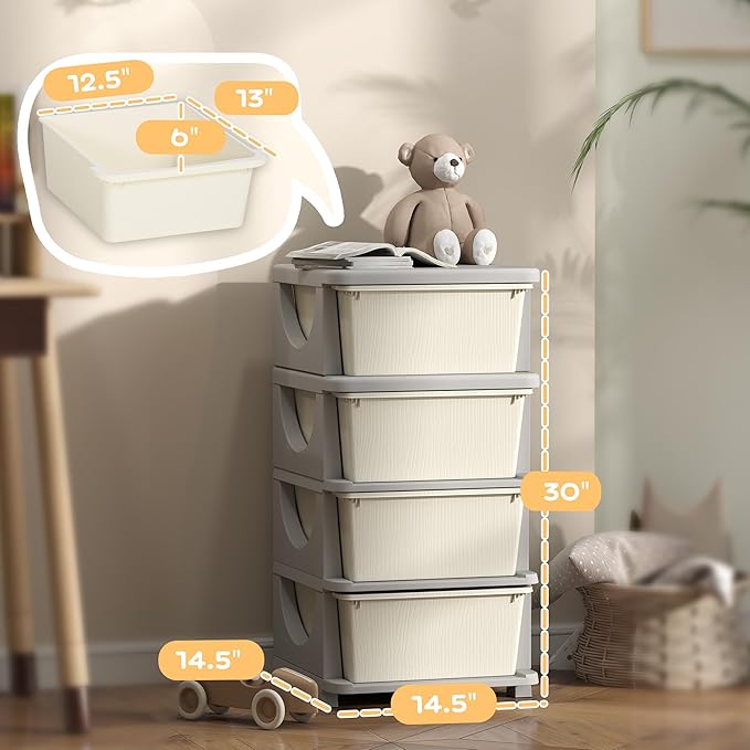 Qaba 4 Tier Kids Storage Unit, Toy Organizers and Storage with 4 Drawer Chest for Kids Bedroom Nursery Kindergarten Living Ro