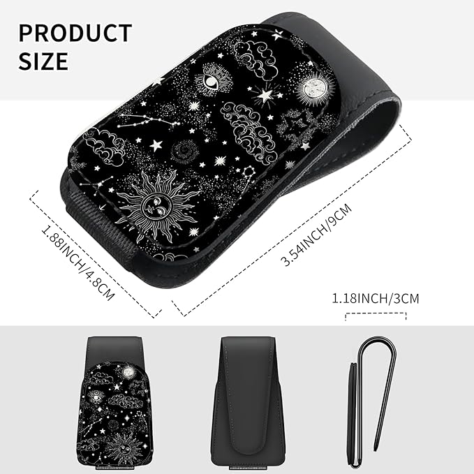 Sunglasses Holder for Car Visor, PU Leather Glasses Clip Organizer, Cute Magnetic Eyeglass Holder for Vehicle Sun Visor, Car Interior Accessory for Women & Men Black Celestial Sun Moon