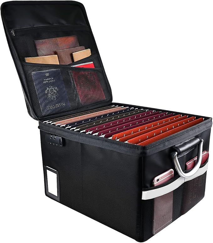 TOMKID Fireproof Document Box, Fireproof File Box with Lids, Important Document Organizer Box with Lock, Portable File Folder