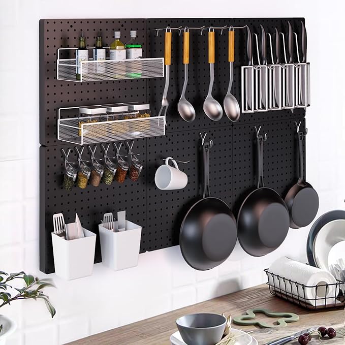 FZK Peg Board, Black Pegboard 4pcs and 46 Pegboard Hooks with Strong Ribs Back Holds up for 200Ib, Peg Board Organizer for Wa
