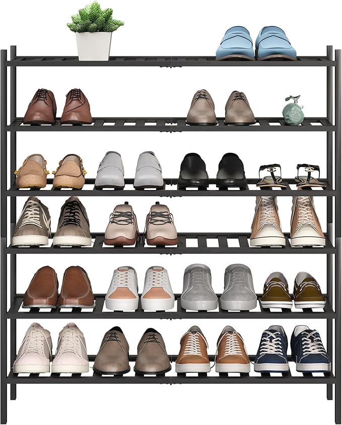 BMOSU 6-Tier Bamboo Extended Shoe Rack Premium Stackable Shoe Shelf Storage Organizer for Hallway Closet Living Room Entryway