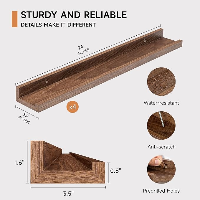 Fun Memories Picture Ledge Shelf for Wall, Floating Shelves Set of 4, 24 Inch Long Nursery Book Shelves for Toys Storage, Kid