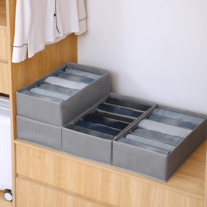 Qozary Jeans Pants Organizer for Closet, 4 Pack Drawer Organizers for Clothing, 6 Grids Wardrobe Clothes Organizer, Jean Orga