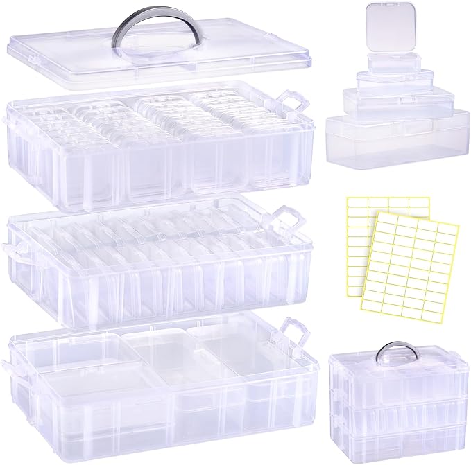 Funtopia Bead Organizers and Storage, 56 Pcs Small Plastic Containers with Lids and 3-Tier Stackable Storage Box, Mini Clear 