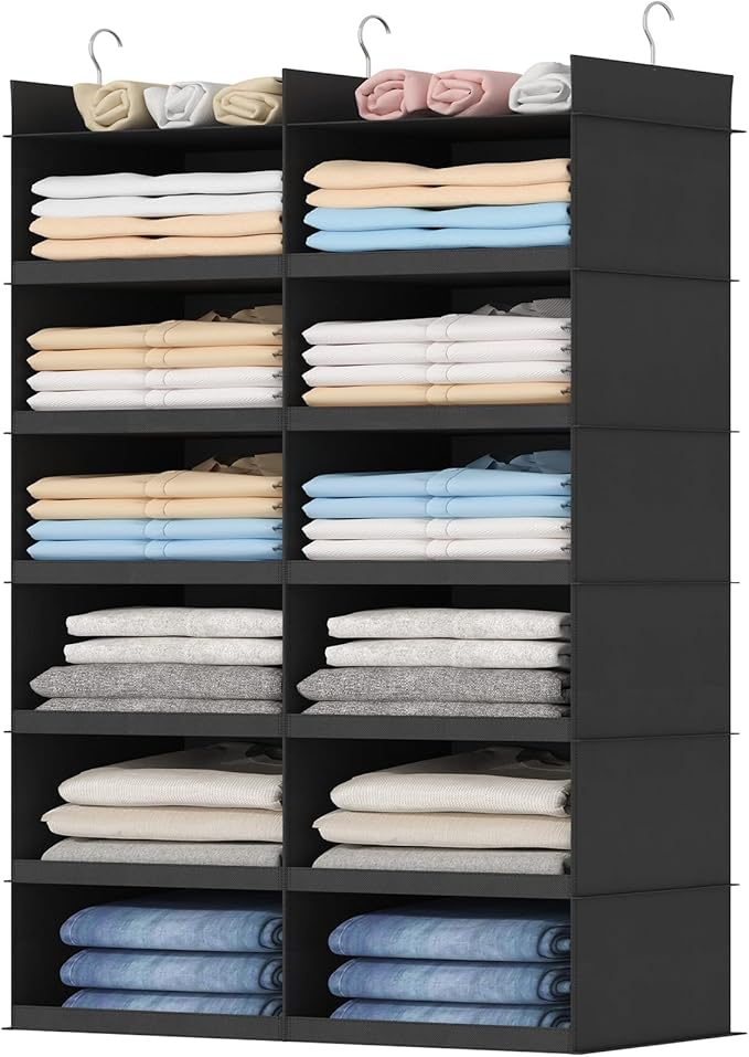 Lifewit Dual-Row Shelf Hanging Closet Organizer and Storage, Clothes Shelves with 3 Sturdy Hooks for Clothing Organization, F