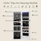 DUMOS 6 LEDs Mirror Jewelry Cabinet, Wall or Door Mounted Jewelry Organizer, 47.2-Inch Tall Lockable Large Capacity Cosmetic 