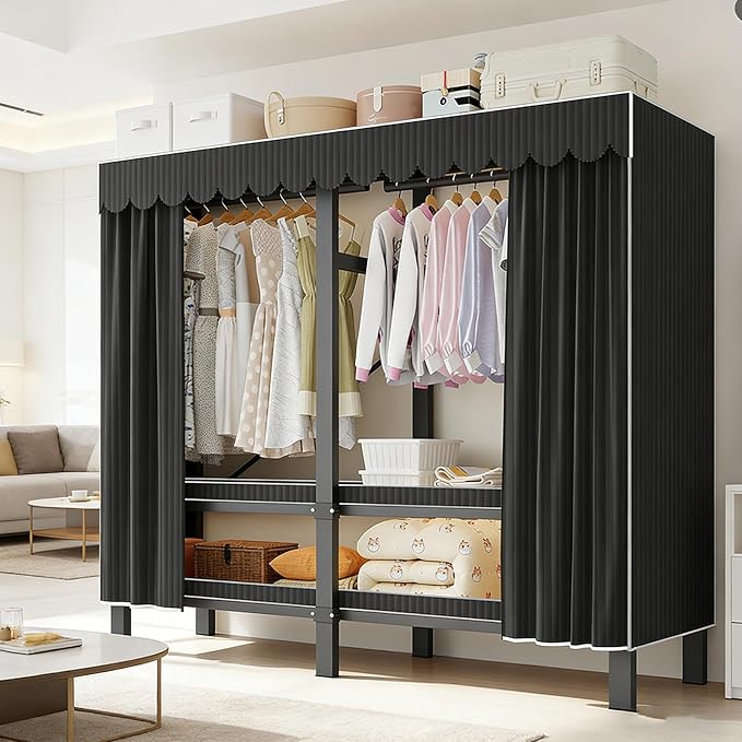 59.1in Foldable Portable Wardrobe ClosetS for Hanging Clothes Heavy Duty Garment Rack with Cover Folding Metal Clothing Racks