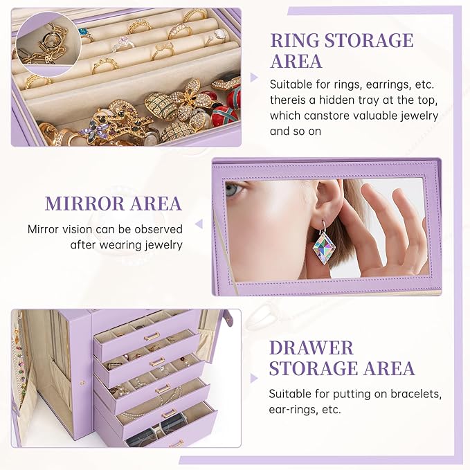 AKOZLIN Extra Large 6-Tier Jewelry Box Organizer Functional Huge, 5 Drawers Leather Jewelry Storage Case for Women Girls Ring