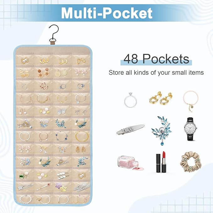 Dynoro Double-Sided Hanging Jewelry Organizer, Large Teal Storage Roll for Earrings, Necklaces, Rings, 48 Pockets 21 Hooks, D