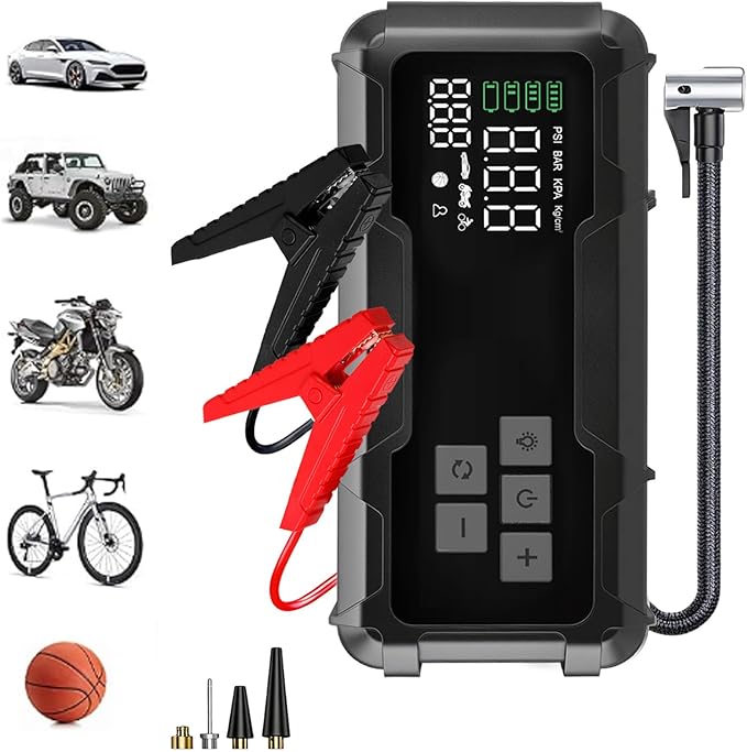 Tire Inflator Portable Air Compressor & Car Jump Starter - 150 PSI Cordless Air Pump Battery Jumper Starter with Pressure Gauge & LED Light for Car Tires, Motorcycle, Bicycle, Balls