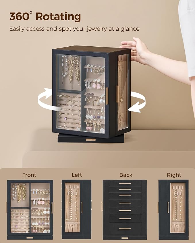 Glimmloop 360° Rotating Jewelry Box with 7 Drawers, Spacious Vertical Jewelry Organizer with Glass Window, Jewelry Storage Ca