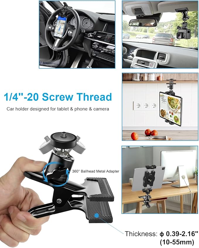 woleyi Sun Visor Car Tablet Holder, Visor Clip Tablet Mount for Car, 360° Rotation Universal Steering Wheel Tablets Clamp with 1/4'' Screw for iPad Pro Air Mini, Phone, Switch, 4.7-13" Devices/Camera