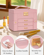 TORIBIO Jewelry Box for Women, Leather Jewelry Organizer with Mirror & Lock, 4-Tier Jewelry Storage Organizer with 3 Drawers 