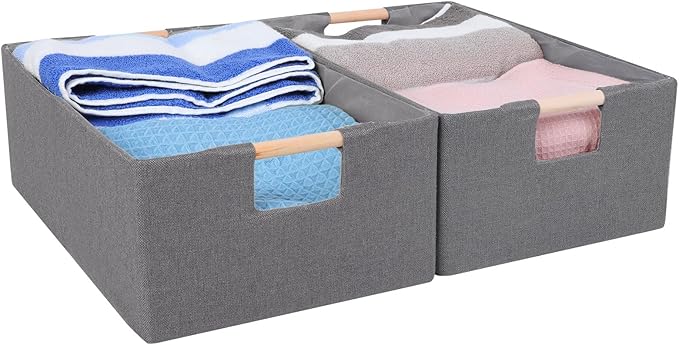ANMINY 2PCS Storage Baskets for Organizing Collapsible Fabric Storage Bins Boxes with Wood Handles Closet Shelves Cube Organi