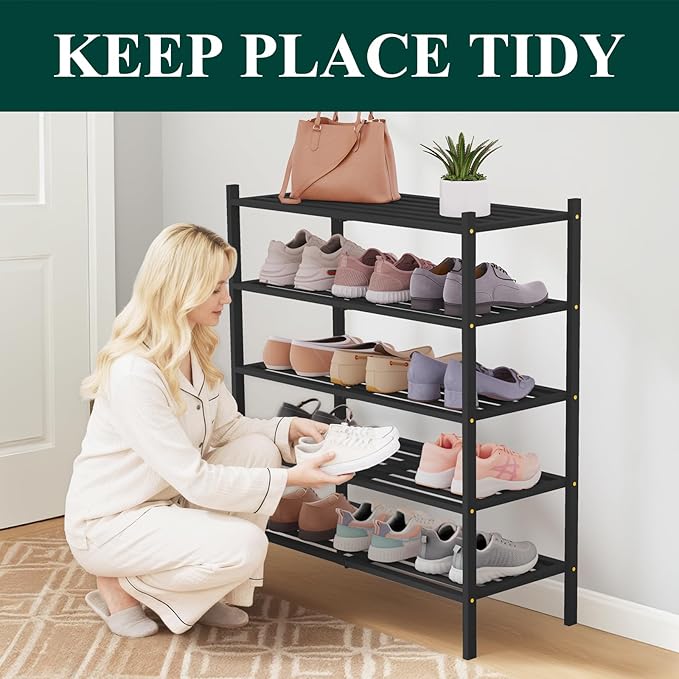 Smiry Bamboo Shoe Rack 5-Tier, Stackable Wooden Shoe Organizer for Entryway & Closet, Free Standing Wood Shoe Storage Shelf f