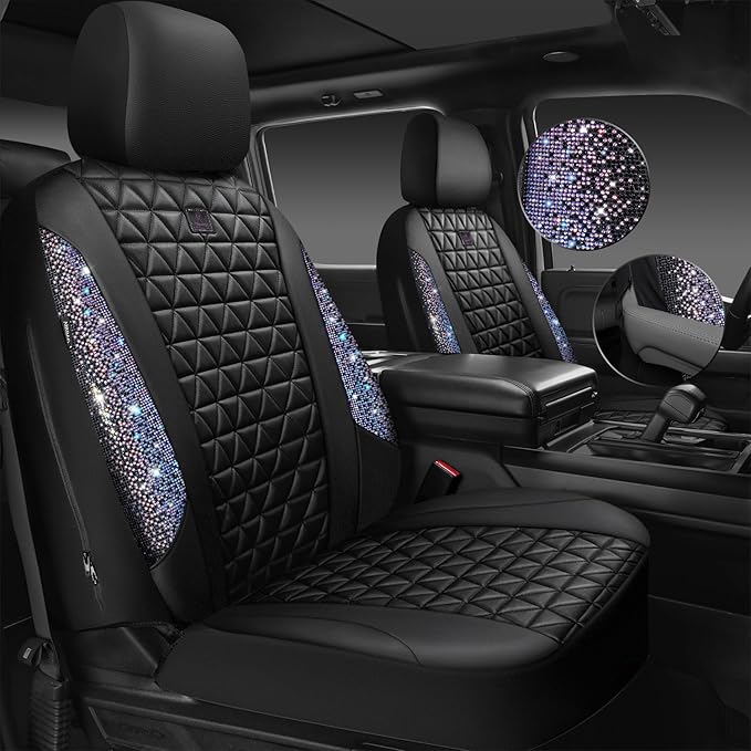 CAR PASS Bling Diamond Black Leather Car Seat Covers Full Set Interior Sets, Waterproof Shining Glitter Sparkly Crystal Armre