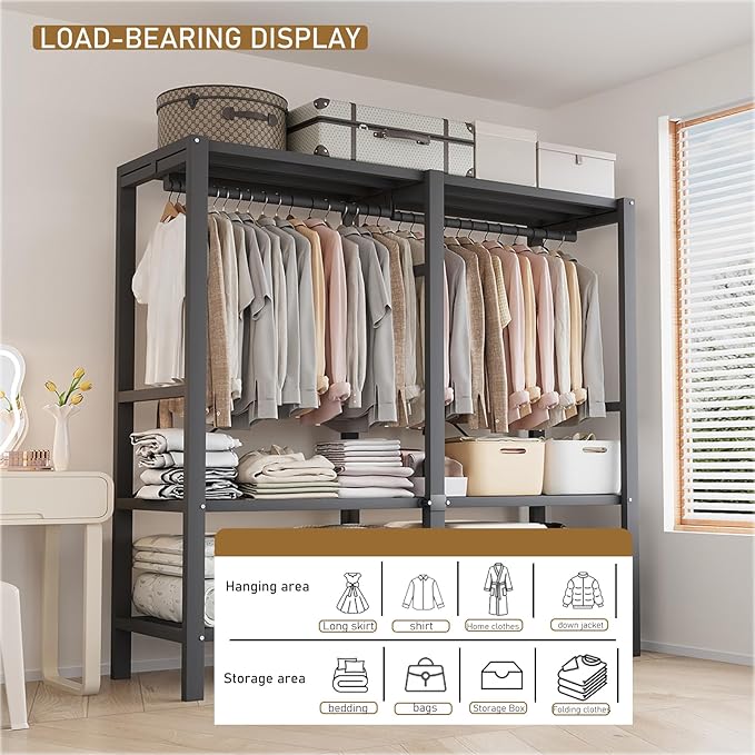 Heavy Duty Portable Wardrobe, Metal Foldable Covered Clothes Rack, 1500LBS, Freestanding Closet System Rolling Garment Rack, 