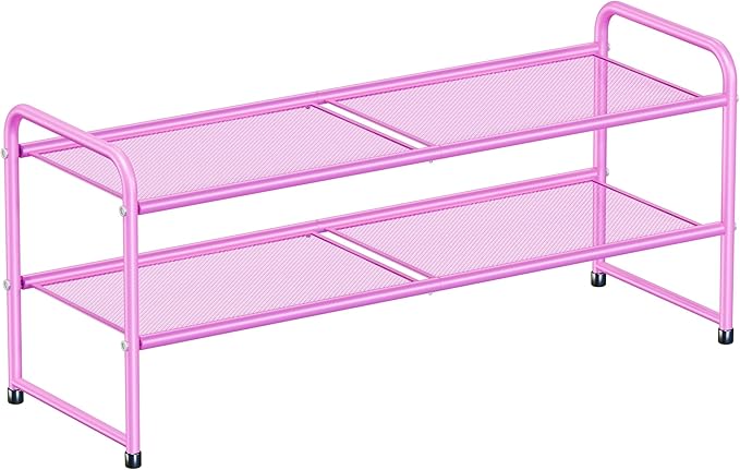 SUFAUY 2-Tier Mesh Shoe Rack, Closet Metal 33" Wide Shoe Shelf Heavy Duty, Pink