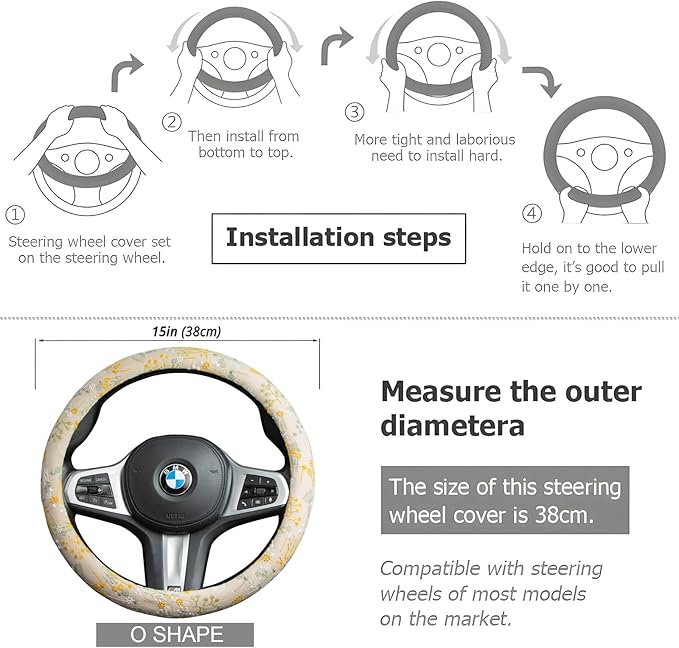 Beige Spherical Flowers Steering Wheel Cover Auto Embroidery Steering Wheel Protector, Anti-Slip, Breathable, Absorbing Sweat