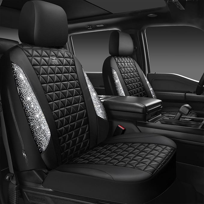 CAR PASS Bling Diamond Leather Car Seat Covers for 2 Front Interior Sets, Waterproof Shining Glitter Sparkly Crystal Universa